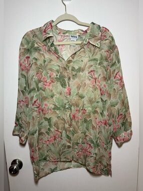 Vintage BonWorth Floral Chiffon Sheer Lightweight Collar Button Up Blouse Size L